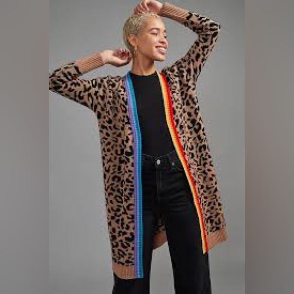 Orwell + Austen- Leopard Print long Cardigan with Rainbow Trim - Picture 3 of 10